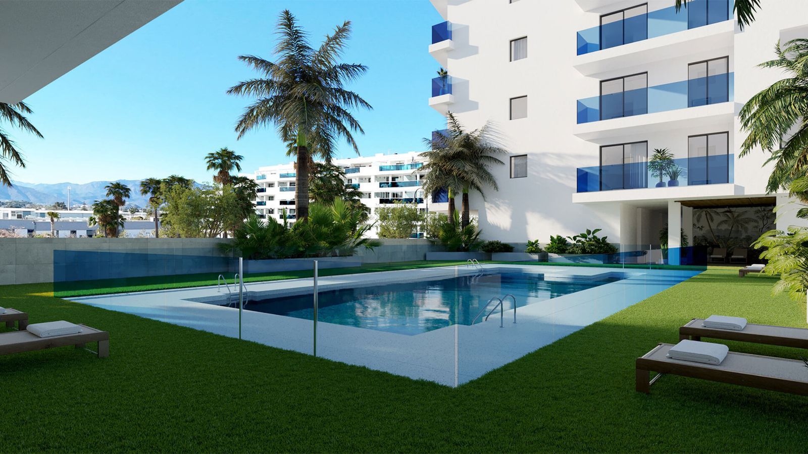 Laguna One: Apartment mit Poolblick und Palmen.